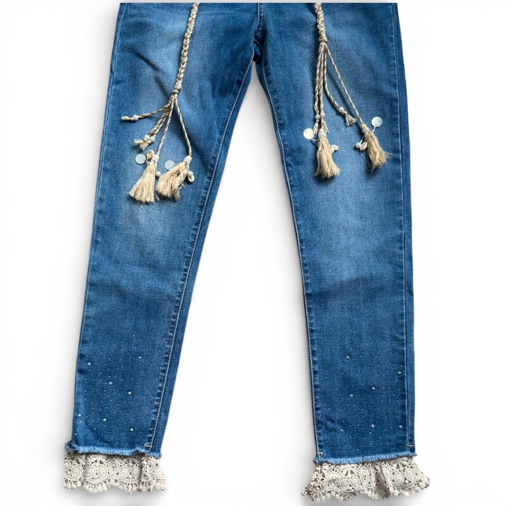 ONADO PARIS Blue embellished skinny jeans lace hem boho tassel detail size M /38 - Picture 3 of 10